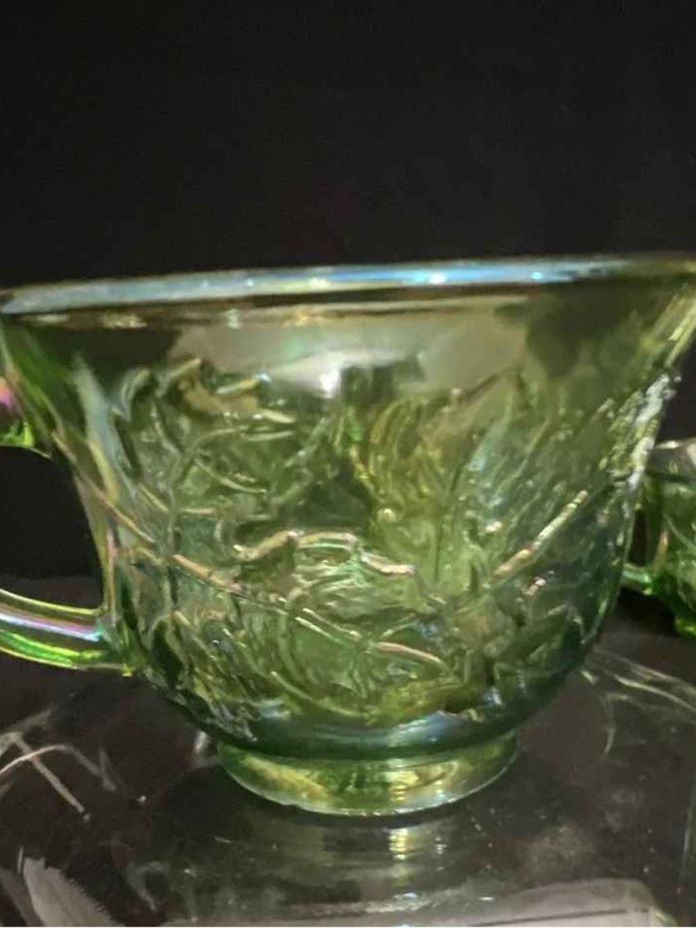 Green Pressed Glass Cup with Leaf Motif - Decorative Home Accent